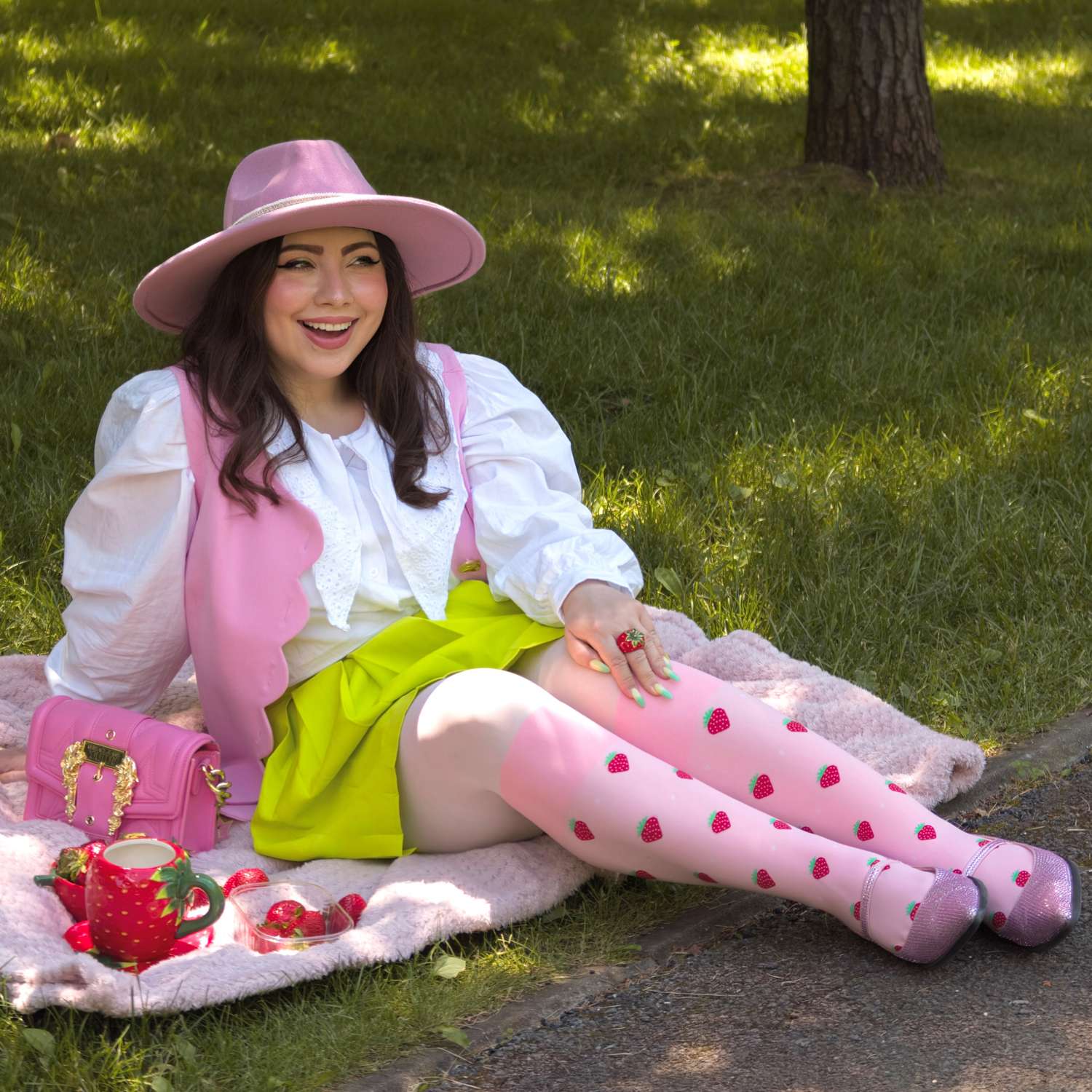 Strawberry Mock Sock Tights - Pink - Image 7