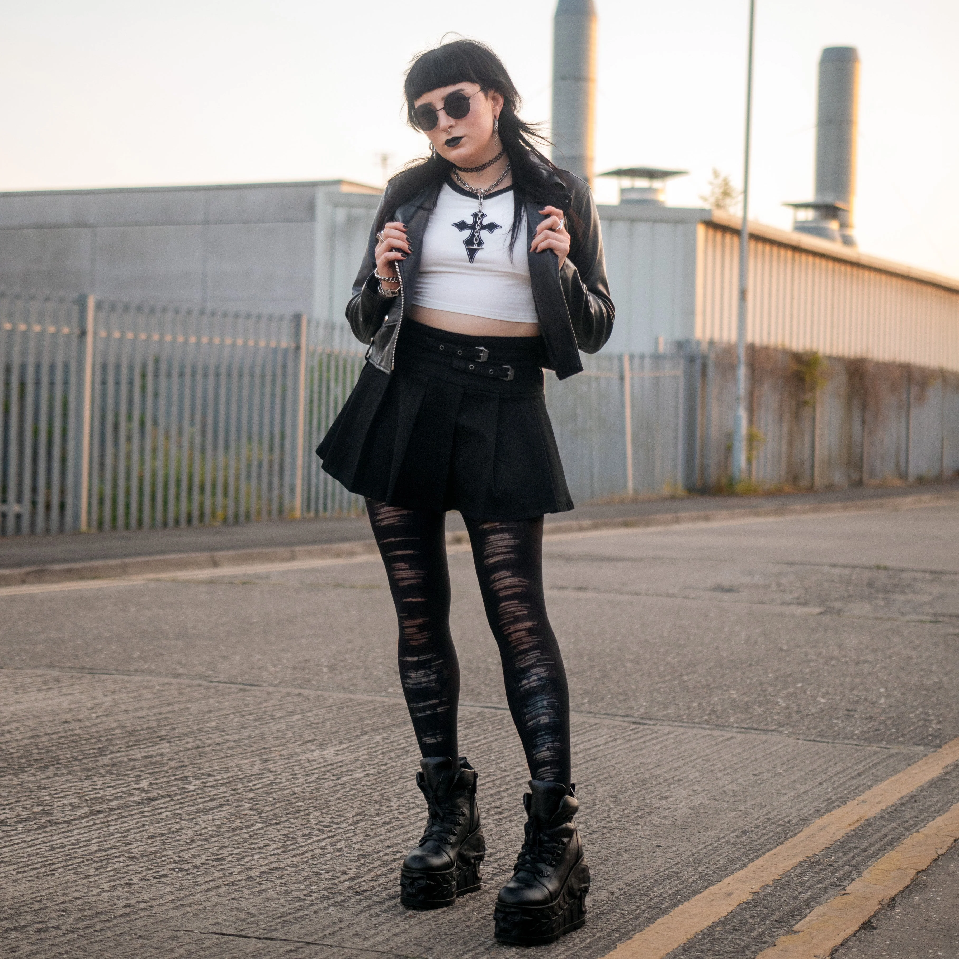 Mixed Denier Tights - Torn - Black - Image 2